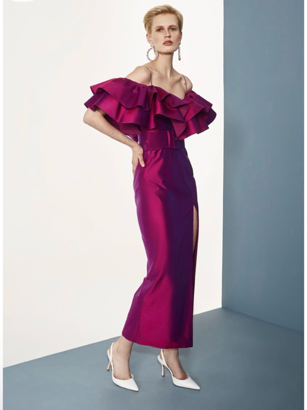 One-Shoulder Ruffled Evening Gown in Magenta